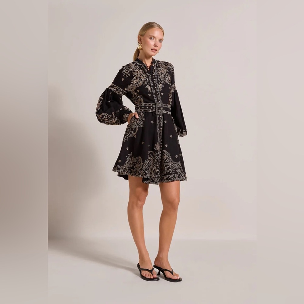 NWT Scarlett Poppies Berite Embroidered Long Sleeve Linen Belted Mini Dress boho